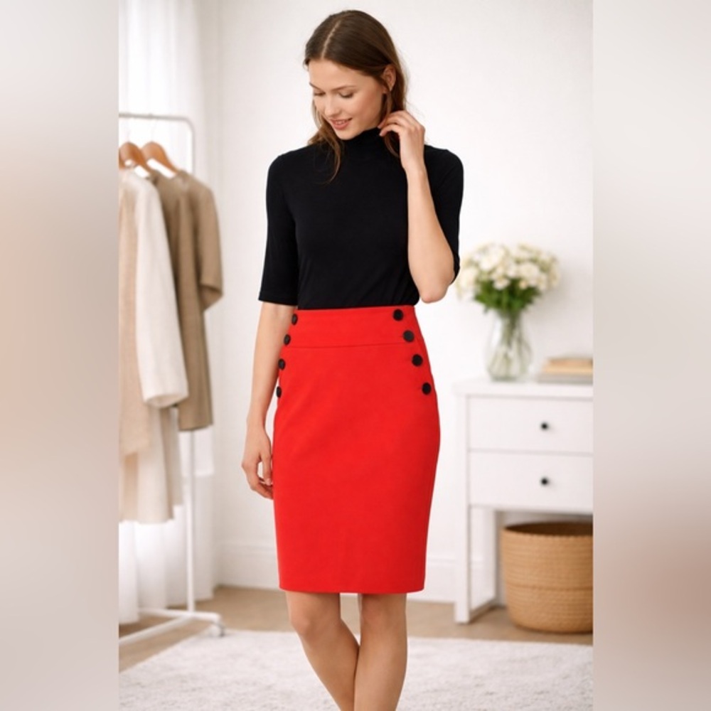 LOFT Sailor Button Pencil Skirt Coral Red Size 6